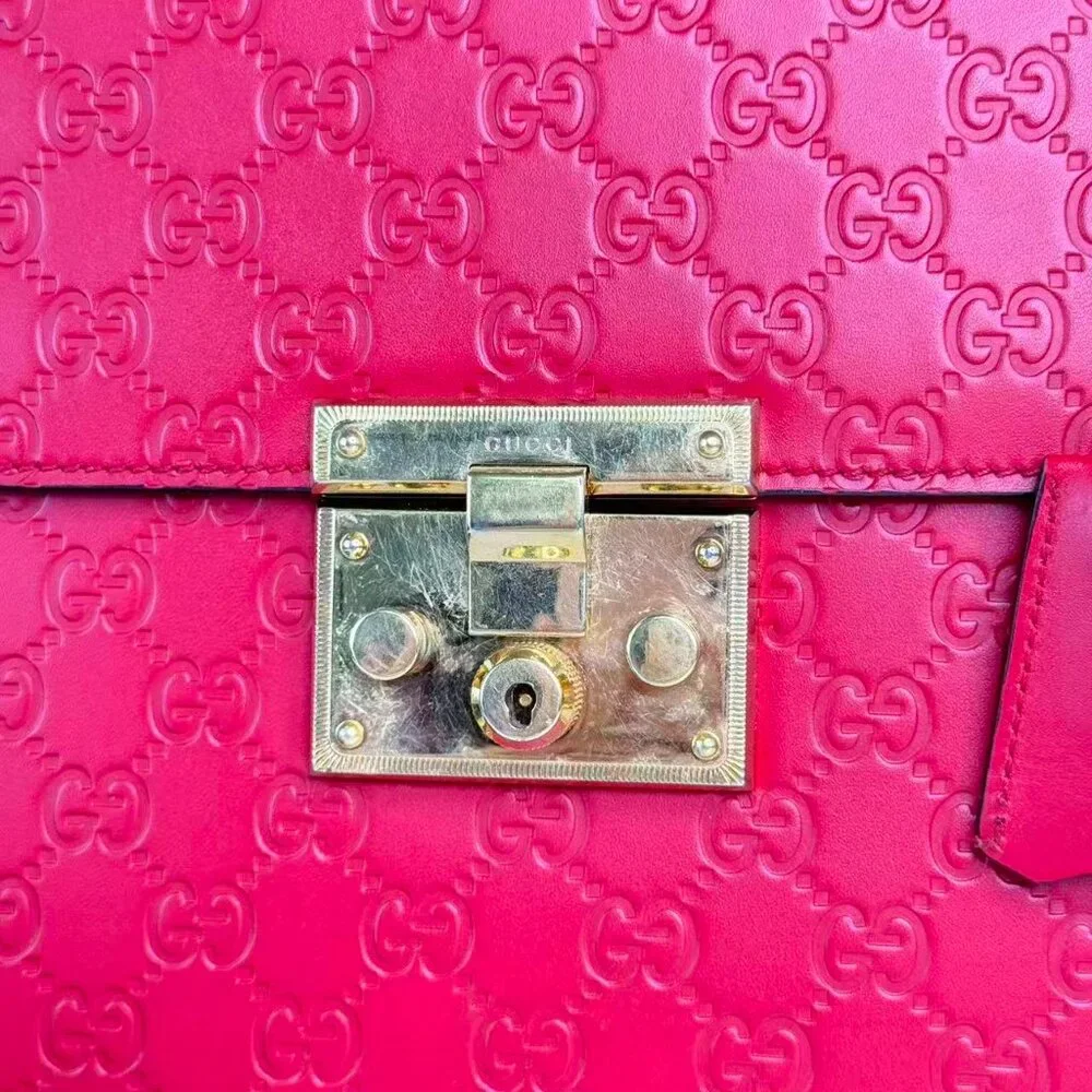 Gucci GG Logo Printed Red Leather Padlock Shoulder Bag with Gold Tone Lock